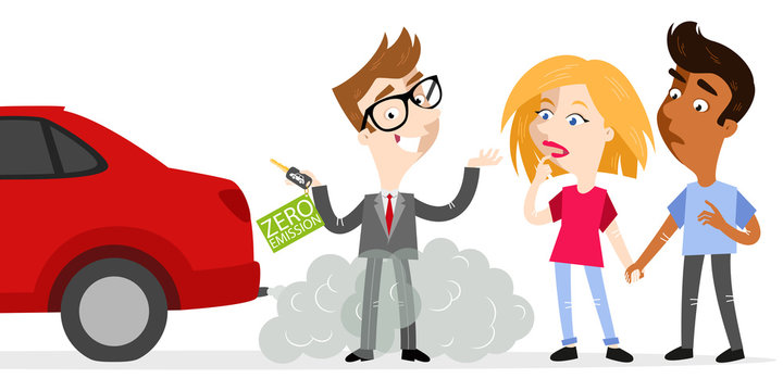 Vector illustration of confident cartoon salesman holding car keys labeled zero emission whilst standing in exhaust gases with skeptical customers looking at fumes