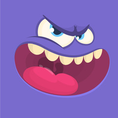 Funny angry cartoon monster face. Vector Halloween violet cool monster avatar with wide smile