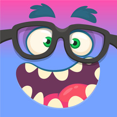 Cartoon monster face wearing eyeglasses. Vector Halloween funny blue and pink nerdy monster square avatar