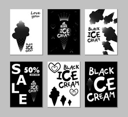 Set of vector posters with black ice cream. Popular and modern postcards, cards, pictures, flyers, discount flyers