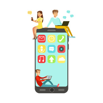 Young man and woman sitting on a big smartphone and using their gadgets colorful characters vector Illustration