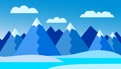 Vector illustration of a winter mountain landscape with a lake and snow under a cool blue sky with clouds