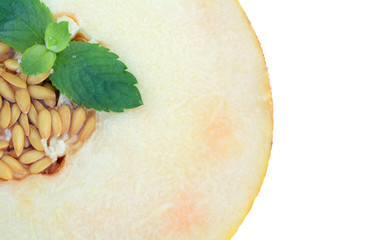 Melon isolated on white background. Melon in a cut with a sprig of mint.