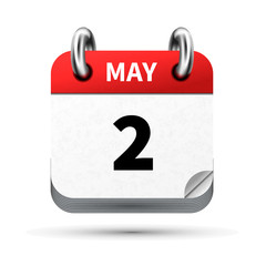 Bright realistic icon of calendar with 2 may date isolated on white