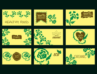 Set of vector environmental business cards. Natural products, healthy food, 100% natural