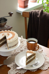 Coffee cake, rustic style, selective focus, vertical.