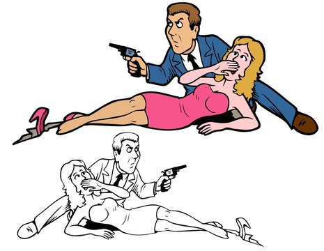 Secret agent helping a beautiful defector to escape. Comes with black outline version bonus.