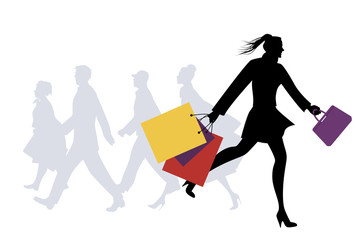 Fashionable woman with shopping bags walking on the street. Vector Illustration