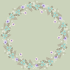 Floral round frame from cute flowers. Vector greeting card template. Design artwork for the poster, tee shirt, pillow, home decor. Summer flowers with green leaves.