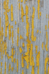 Fragment of old wooden planks with remnants of paint leafless ochre. Peeling paint reveals the texture of the wood