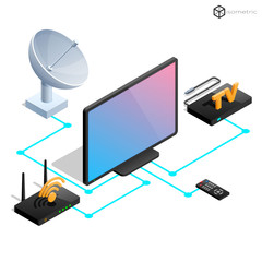 Realistic icons in isometric television, set of isometric icons in TV, modem, remote, wi-fi, antenna