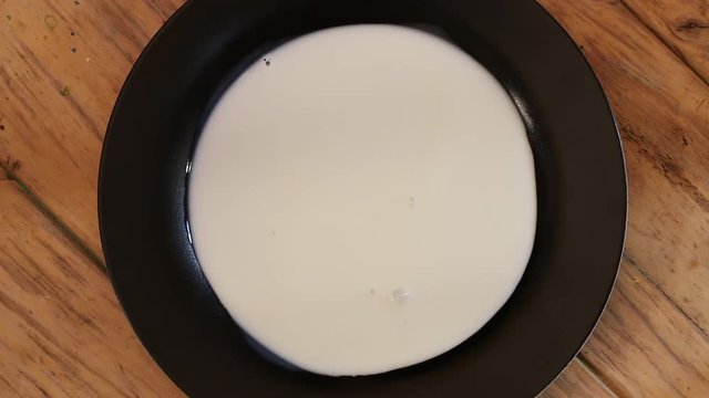 People Pour Milk And Dye Into Bowl, Overhead Close Up