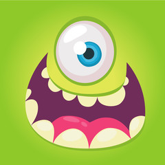 Cartoon monster face. Vector Halloween green cool monster avatar with wide smile. Big set of monster faces