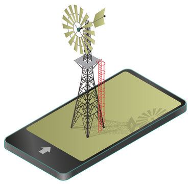 Wind pump for pumping of water on farm in mobile phone. Home wind power plant for power generation in communication technology, paraphrase. Industrial agriculture building.Vector windmill illustration
