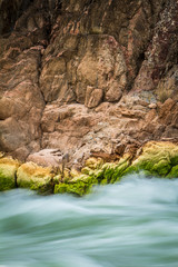 The rushing water of Granite Rapid passes in front of the colorful moss-covered rocks of the inner gorge of the Grand Canyon. Grand Canyon National Park, AZ.