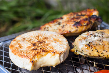 Grill with vegetables. Tomatoes, zucchini, chicken and cucumber. On the grid grill are fried vegetables.