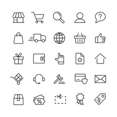 e-commerce online shopping line black 25 icons set