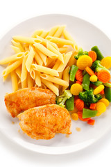 Fried chicken fillets with pasta