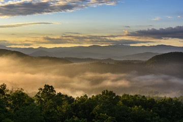 Mountain View at Sunrise with Fog in Valley