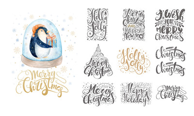 Merry christmas lettering over with snowflakes and penguins. Han