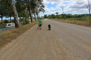 enfants promenant un chien cane corso