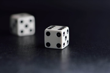 Two white dice on black