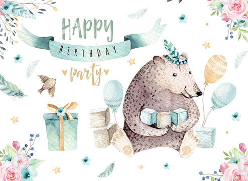 Cute baby bear nursery animal isolated illustration for children. Bohemian watercolor bohemian family drawing, watercolour image. nursery posters, baby shower, patterns. Birthday boho invitation