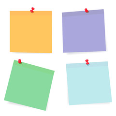 Set of color paper sheets with pins isolated on background.