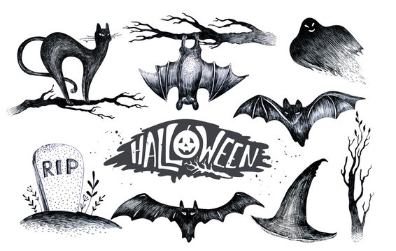 Halloween hand drawing black white graphic set icon, drawn Hallo