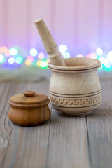 Wooden jar on boken background. Magic jar