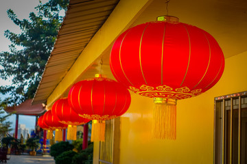 Close up of red Japanesse lamps at ten thousand Buddhas Monastery in Sha Tin, Hong Kong