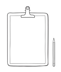 Clipboard with blank paper and a pencil hand drawn vector line art illustration