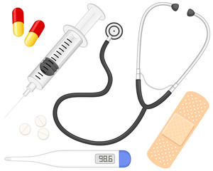 Vector illustration of a variety of healthcare-related items.