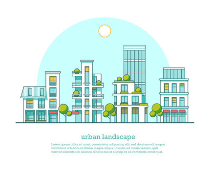 City landscape. Real estate and construction business concept with houses. Line style. Vector illustration.