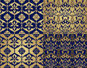 Set of Victorian damask seamless patterns. Vintage flowers seamless ornament in blue and gold colors. Decorative ornament backdrop for fabric, textile, wrapping paper