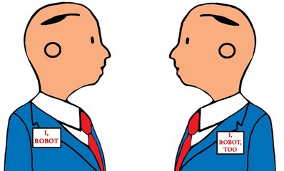 Business cartoon illustration showing two robots looking at each other. 