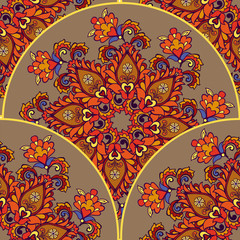 Mandala floral seamless background. Round ornament with fantastic flowers and leaves. Decorative ornament backdrop for fabric, textile, wrapping paper
