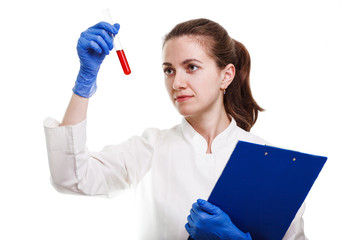 dental and endodontic instruments in hands of dentist. The doctor - dentist women in blue gloves holding the vial. Doctor on white background. medicine isolated.