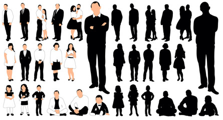 silhouettes of people, men and women, children,