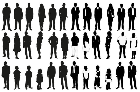 isolated set of silhouettes of people, men and women, children, a collection of silhouettes
