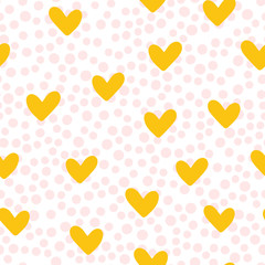 Repeated cute hearts. Polka dot. Seamless pattern. Drawn by hand. White, pink, yellow color.