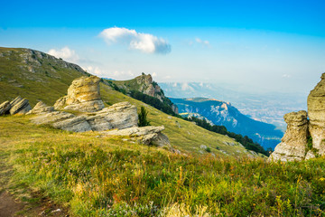 View of the Crimean mountains from the top of the Demerdzhi mountain in Russia in summer