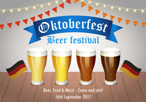Oktoberfest beer festival - vector illustration with 4 beer glass with different kind of beer on the table, German flags and hanging party decoration