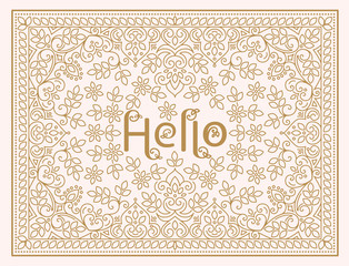 Vector floral design template with lettering - Hello. Line art elegant design for invitation, greeting card, wedding etc. Classical luxury ornament for package design, wrapping, textile.