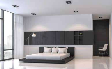 Fototapeta na wymiar Modern black and white bedroom interior minimal style 3d rendering image.There are white floor.Furnished with black wood furniture .There are large windows look out to see the city view