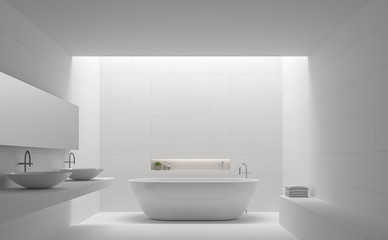 Naklejka na ściany i meble Modern white bathroom interior minimal style 3d rendering image.There are white tile with brick pattern on walls and floor,there is natural light shining down from above.