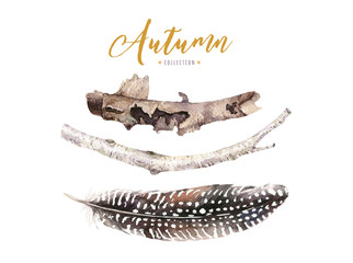 Set of red and autumn branches watercolor, hand drawn design foliage elements decoration.