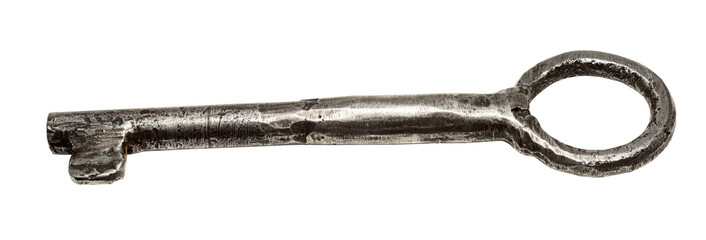 Old key with scratches isolated on white background