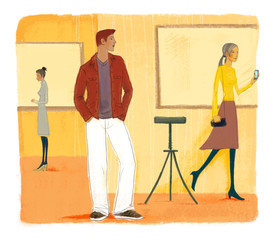 A young man in the exhibition hall looks at the girls who are analyzing the pictures. Computer graphics on a textured background