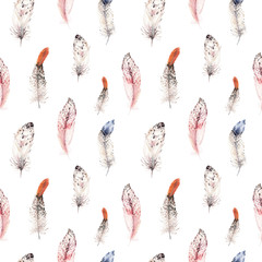 Watercolor natural birds feather boho pattern. Bohemian Seamless texture with hand drawn feathers. Feather boho illustration for your design. Bright blue colors decoration.